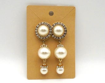 Vintage Art Deco Style Pave Crystal Rhinestone and Faux Pearl Dangling Earrings, Pierced Earrings