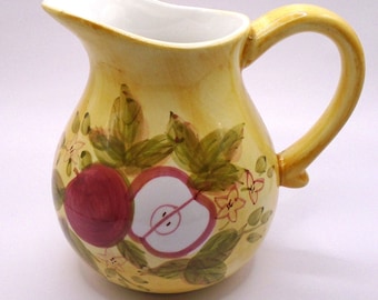 Vintage Rustic Yellow Pitcher with Painted Leaves and Sliced Apple
