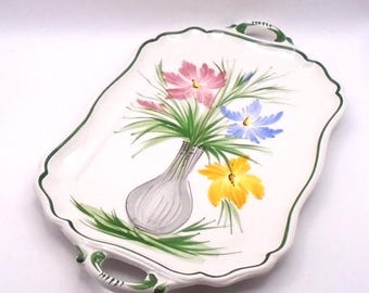 Vintage Ceramic Floral Rectangular Serving Tray/ Platter, Hand Painted, Made in Italy, 2 Handles