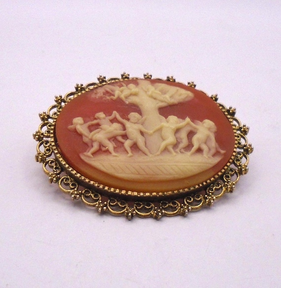Vintage Victorian Style Cameo Brooch of Cherubs Dancing around a Tree, Brooch/Pin/Pendant