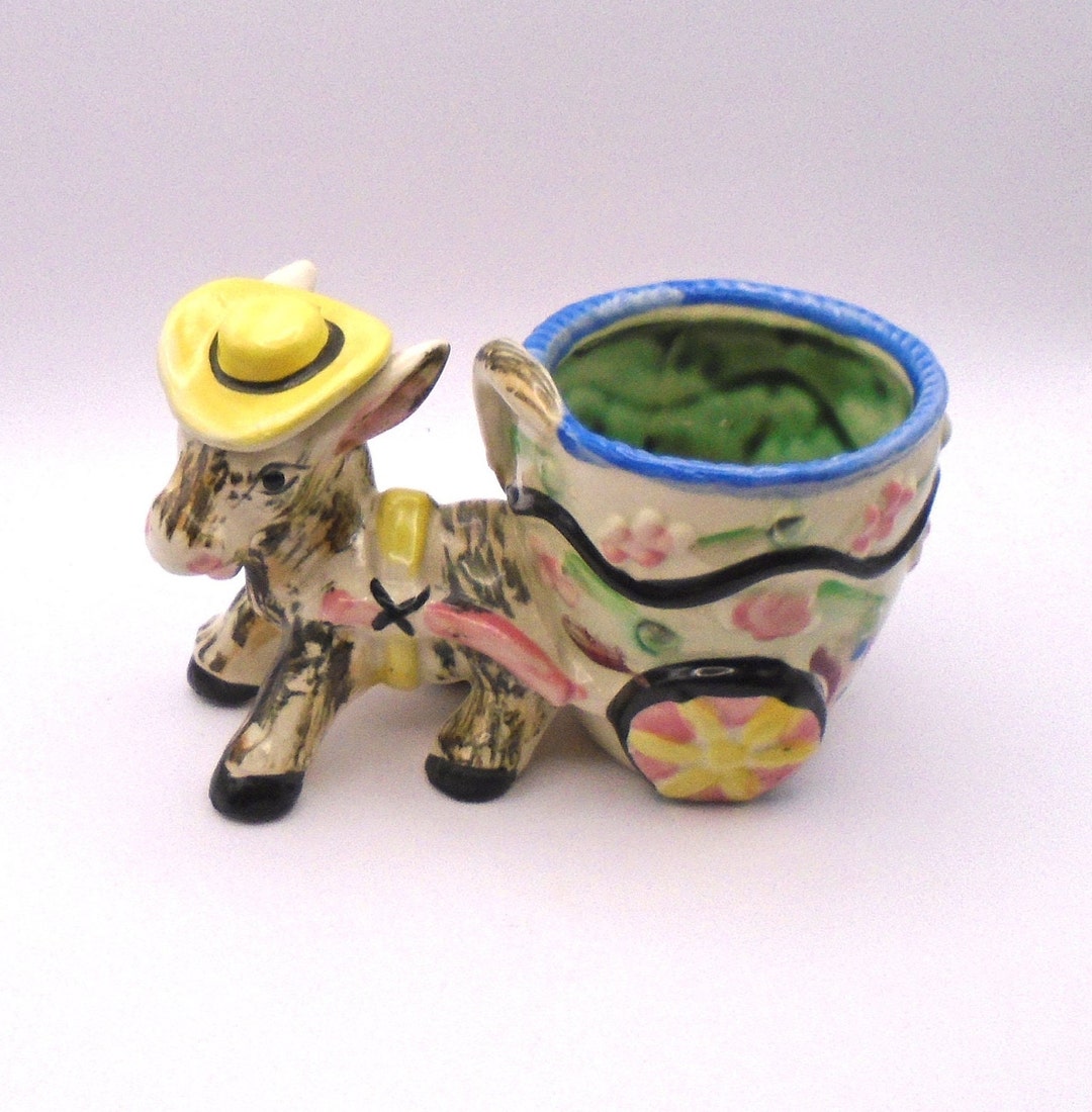 Vintage 1950's 1960's Donkey Pulling A Cart Ceramic Planter Hand