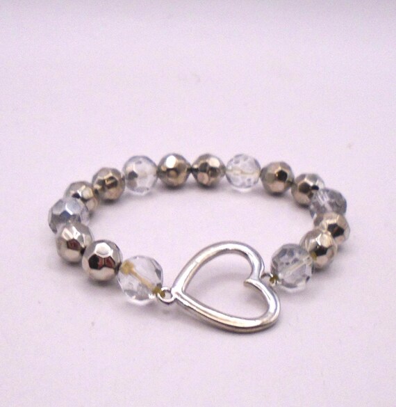 Vintage Cookie Lee Bead and Silver Metal Heart Stretch Bracelet