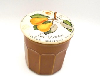 Vintage French Jam Jar/Container with Pear Fruit illustration on Lid, Brown Jar 12 oz. Poire Quartiers