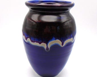 Vintage Blue Ridge Pottery Virginia, Studio Art Pottery MCM-style Vase in Blue, Red/Purple/Brown & Tan Drip Glaze, signed, A. Tait, Va 96'