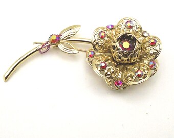 Vintage Sarah Coventry Large Red Aurora Borealis Rhinestone Flower Brooch, Circa 1960's, Made in USA