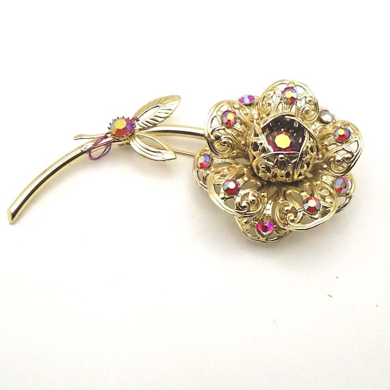 Vintage Sarah Coventry Aurora Borealis Rhinestone Flower Brooch