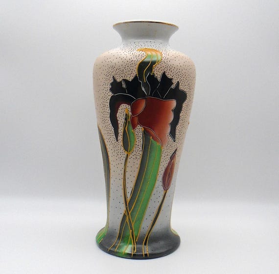 Vintage reproduction of an Art Deco-style Roseville Rozaneware Woodland Iris vase