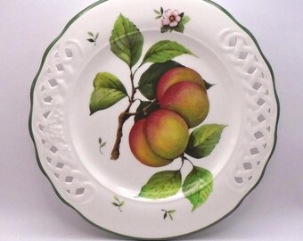 Vintage Brunelli Ceramic Round Lattice Cut Serving Plate, Hand Painted, 10-1/2" in Diameter, Made in Italy
