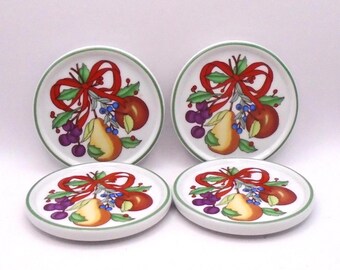 Vintage Dansk Holiday Stoneware Drink Coasters, "Holiday Harvest Pattern" Set of 4,  Excellent Condition, 3-7/8" Diameter