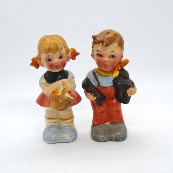 Vintage Salt & Pepper Boy carrying Wood and Girl with Flower Basket (Hummel Style)