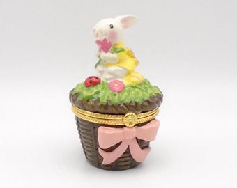 Vintage Easter Basket and Bunny Rabbit Ceramic and Metal Hinged Trinket Box, White Bunny Holding Flower on Basket with Pink Bow