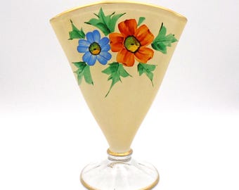 1930-40's Vintage Art Deco Hand Painted Clear Glass Fan Shaped Vase with Gold trim