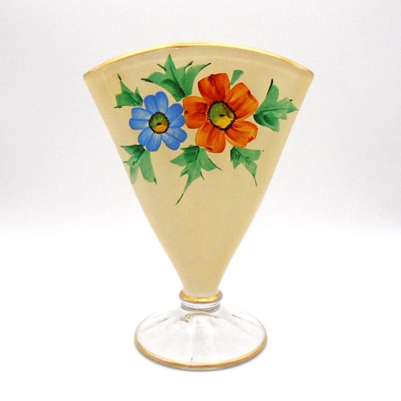 Vintage Art Deco Fan Vase: Hand Painted Floral Glass with Gold Trim