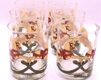 Vintage Set of 6 Mid-Century Modern Cera Carousel Rocking Horse Old Fashion Rock Glasses, Circa 1960's, Whimsical Barware