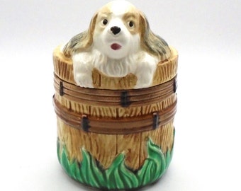 Vintage Haldon Cocker Spaniel Puppy on Barrel Ceramic Box with Lid Circa 1991