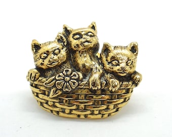 Vintage Goldtone 3 Kittens in a Basket Pin