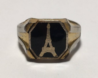 Vintage Art Deco Eiffel Tower Ring 1930s 40s Souvenir Brass Malachite Signet Men's Ring