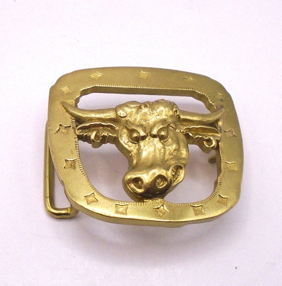 Vintage Brass Metal Taurus the Bull Western Belt Buckle, With Good Luck Horseshoe