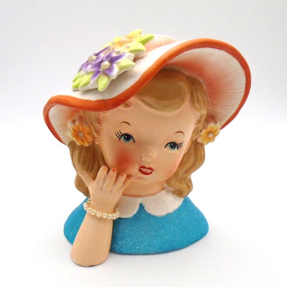Vintage Girl Head Vase, Floral Hat, Pearl Bracelet, Nippon Yoko Book Co