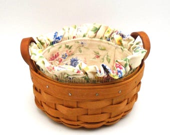 Vintage Hand Woven Longaberger Small Round "Saffron" Basket with Leather Handles, Floral Liner, and Plastic Protector, Made in USA