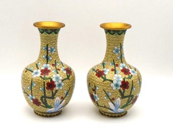 Vintage Pair of Chinese Cloisonne Cherry Blossom Vase Over Brass Base, Hand Painted, Set of 2