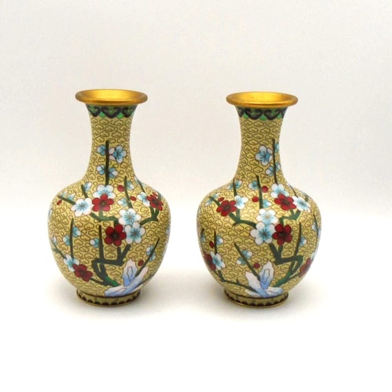 Vintage Chinese Cloisonne Vases: Cherry Blossom Enamel over Brass (Set of 2)