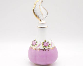 Vintage Hand-Painted Porcelain Scent/Perfume Bottle with Leaf Shaped Stopper/Dabber, Victoria's Garden, Lowell, MA, Pink Rose Pattern