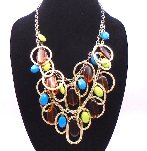 Vintage Joan Rivers Statement Necklace: Gold Tone, Colorful Beads, Adjustable