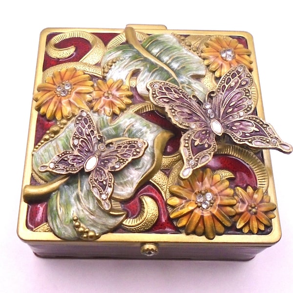 Vintage Decorative Hinged Trinket Box With Mirror and Adorned with Metal Butterflies and Flowers and Lined with Black Velvet