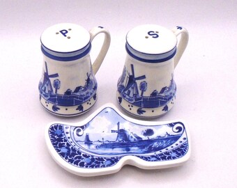 Vintage Delft Blue Salt and Pepper Shakers and Tea Bag Plate in Shape of Clog - 3 piece bundle, Made in Holland