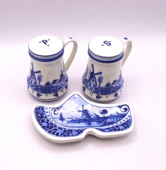 Vintage Delft Blue Salt & Pepper Shakers with Clog Tea Bag Plate