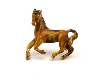 Vintage Brown Enamel Running Horse Lapel Pin, Hand-Painted, Gold Accents, Fold Over C-Clasp