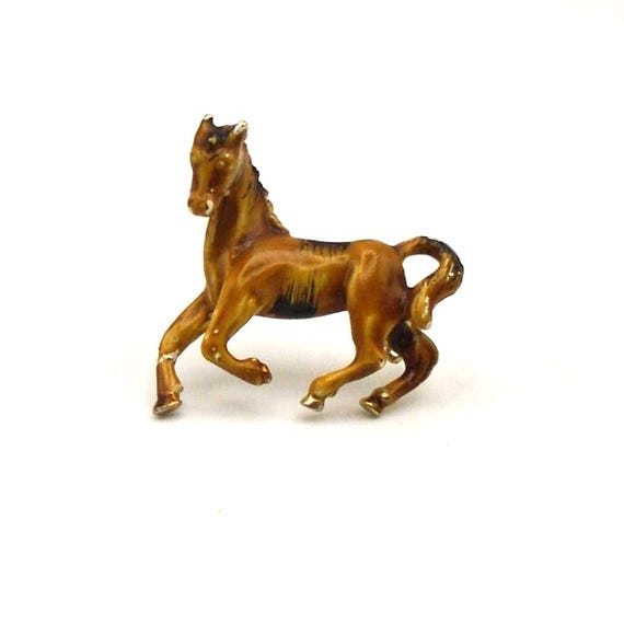 Vintage Brown Enamel Running Horse Lapel Pin, Hand-Painted, Gold Accents, Fold Over C-Clasp