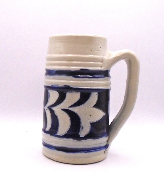Vintage Williamsburg VA Pottery Salt Glazed Stoneware Mug/Stein - Cobalt Blue and Light Gray
