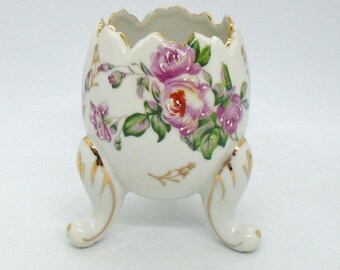 Vintage Porcelain Egg Shaped Vase/Planter, Cracked Egg Shape with three legs, Hand Painted Floral Pattern with Gold Trim Circa 1960's, Japan