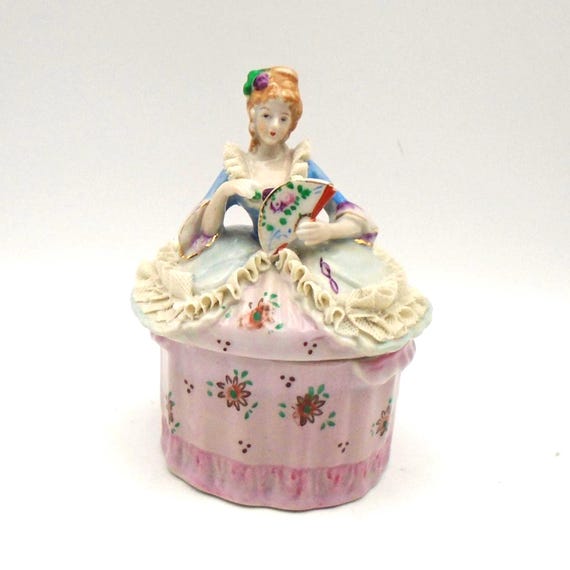 Vintage Porcelain 1/2 Doll Trinket Jar, Victorian Figurine, Hand-Painted Japan