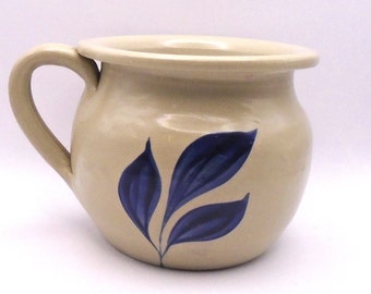Vintage Williamsburg Gray Pottery Handled Crock, Salt Glazed Leaf, Cobalt Blue, USA