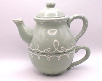 Vintage Bella Casa Stacking Ceramic Teapot and Cup Set, by Gantz, Green and White