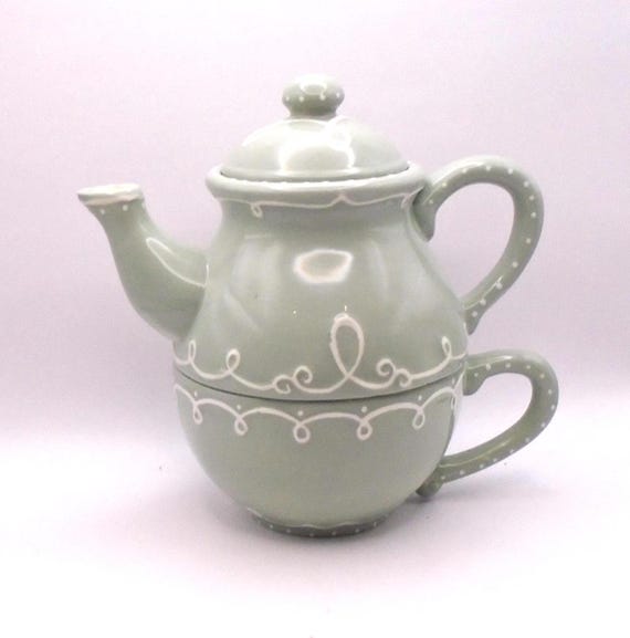 Vintage Bella Casa Stacking Ceramic Teapot and Cup Set, by Gantz, Green and White