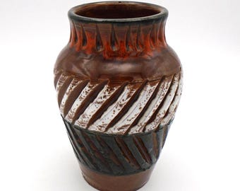 Vintage Italian Terracotta Vase, multi-textured design, brown base, white and green diagonal stripes and glossy orange ribbing