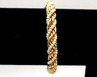 Vintage Twisted Faux Pearl and Goldtone Rope Bracelet, Fold-over Clasp, 7-1/2" Long