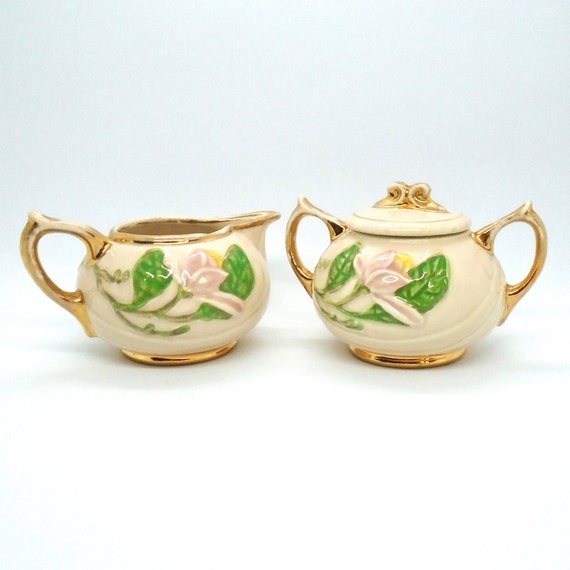 Vintage Hull Art Pottery Magnolia Creamer and Sugar Bowl with Gold Trim