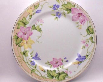 Vintage Andrea by Sadek, Round 10-3/4" Serving Plate, Pink, Purple, Yellow Floral Pattern, Gold Trim, Made in Japan