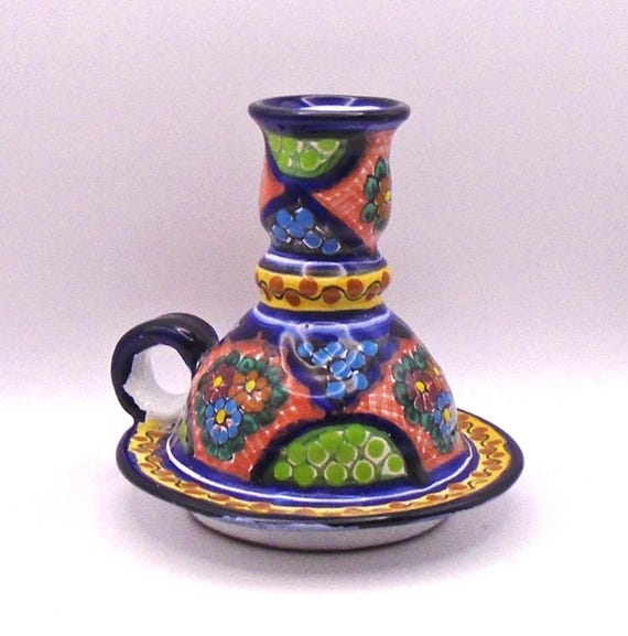 Vintage "Casa Ocotlan" Painted Candleholder with Handle, Made in Mexico