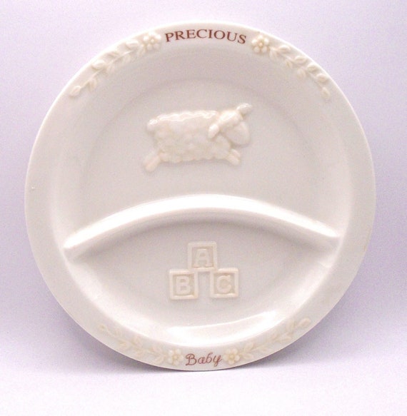 Vintage Precious Baby Divided Plate Ceramic with Sheep and ABC's Blocks 7-1/2 Inch