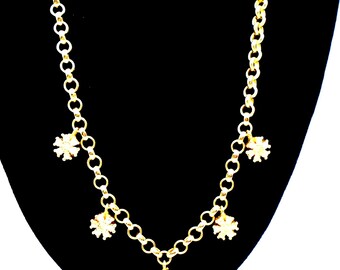 Christian Dior Gold Tone Metal Chain Necklace with 5 Crystal Embellished Flower-Shaped Charms, Adjustable Length, Lobster Claw Clasp