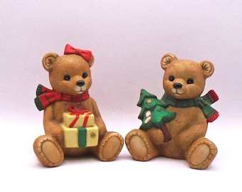 Vintage Set of 2 Homco Teddy Bear Holiday Figurines, Boy Bear with Christmas Tree and Girl Bear with Wrapped Gifts