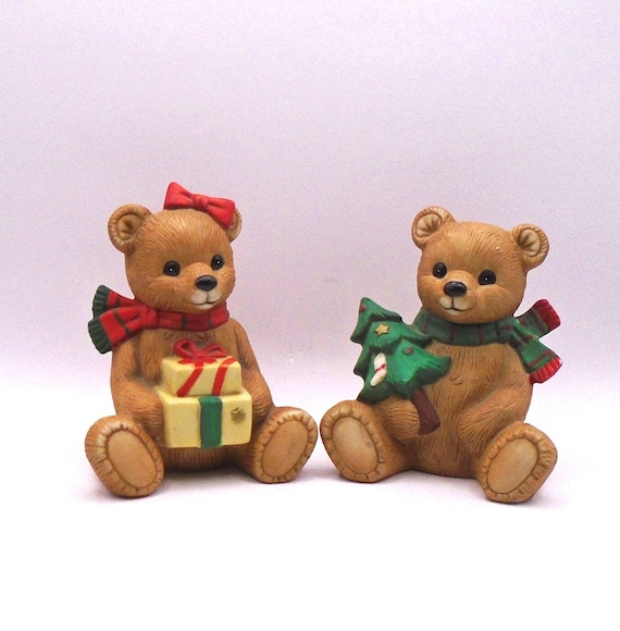 Vintage Homco Teddy Bear Christmas Figurines: Boy with Tree, Girl with Gifts