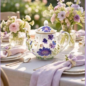 May include: A white ceramic teapot featuring a vibrant floral pattern of purple and blue flowers with green foliage. The teapot has a matching lid with a knob handle, a curved spout, and a sturdy handle, set on a table with light purple napkins.
