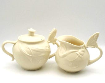Vintage I. Godinger & Co. Creamer and Sugar Bowl Set: Butterfly Handles, Floral Design